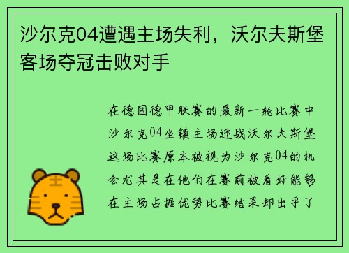 沙尔克04遭遇主场失利，沃尔夫斯堡客场夺冠击败对手